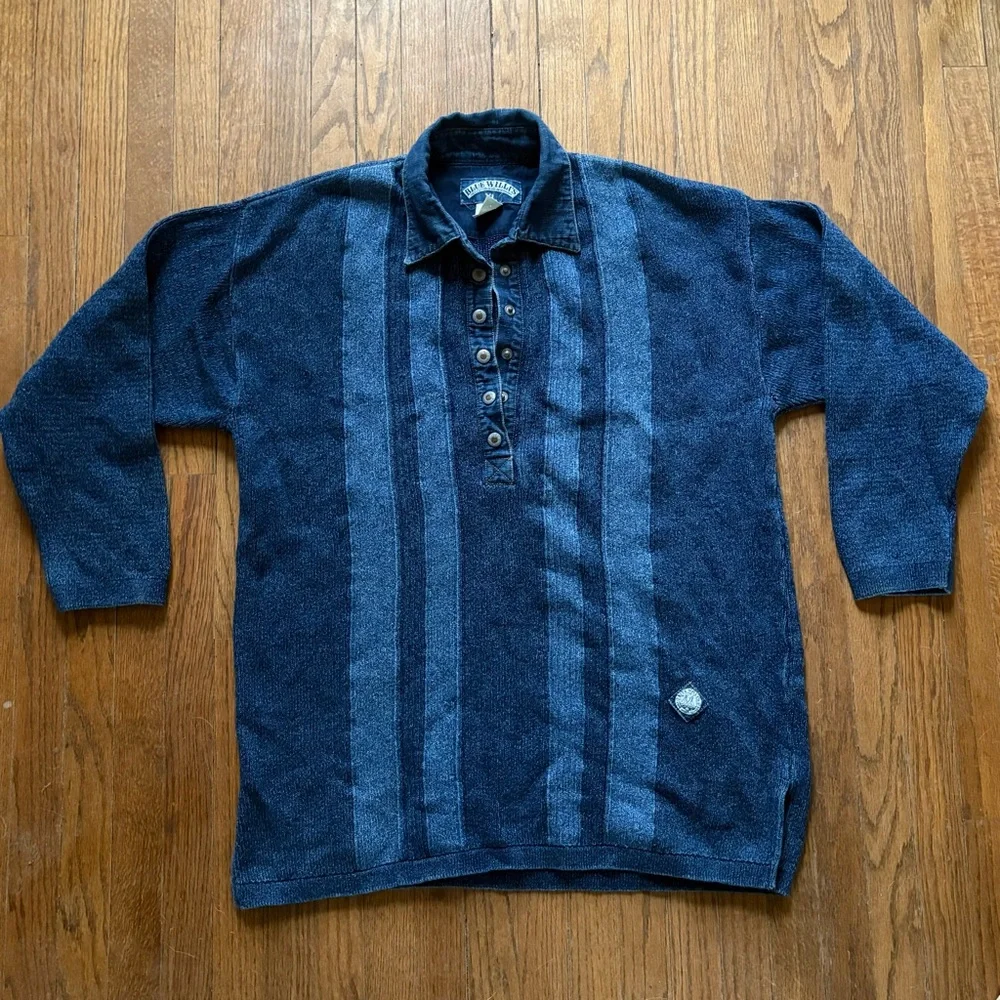 VTG Blue Willi's Heavyweight Pure Indigo Cotton Pullover Henley Sweater